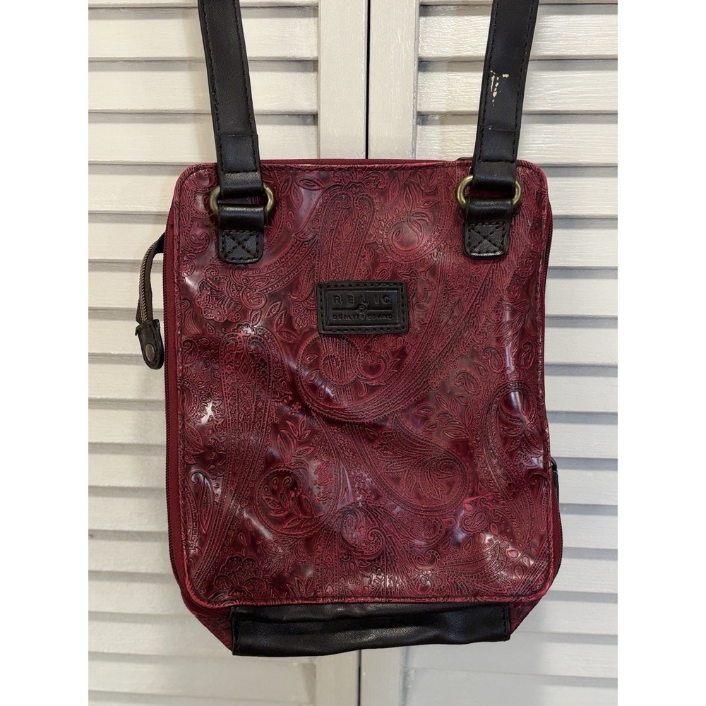 Relic Paisley Embossed Deep Red Crossbody Bag Adjustable Strap Many Pockets Zip